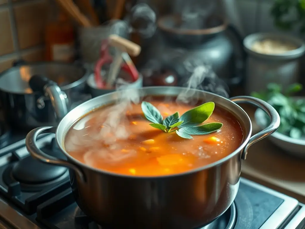 A steaming pot of soup with bay leaves floating on top, illustrating their use in enhancing flavor and aroma in cooking.